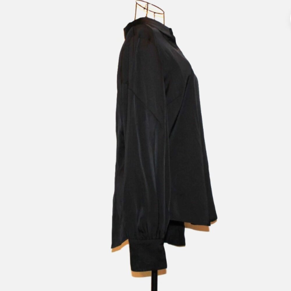 Black Satin Blouse Button Front Shirt Long Sleeve Top CeCe M NWT Puff Sleeves - Picture 4 of 8